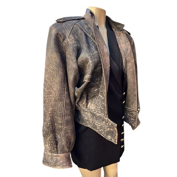 Women’s Vintage 90’s La Pelle Textured Brown Distressed Leather Jacket Size S M - Picture 1 of 13